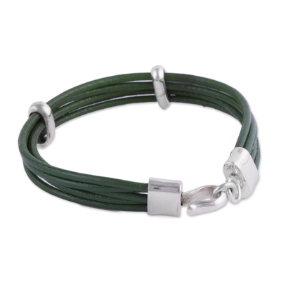 Leather wristband bracelet, 'Enchanted Valley' - Green Leather and Silver Wristband Bracelet from Bali