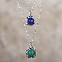 Chrysocolla and lapis lazuli pendant necklace, 'Stylish Twins'