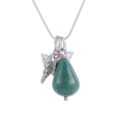 Chrysocolla pendant necklace, 'Butterfly Droplet' - Chrysocolla Butterfly Pendant Necklace from Peru