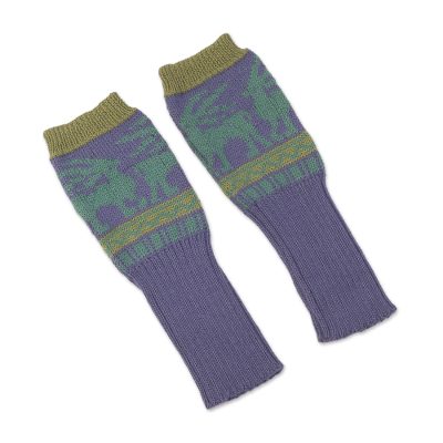 Alpaca blend fingerless mitts, 'Inca Landscape' - Knit Alpaca Blend Fingerless Gloves in Iris from Peru