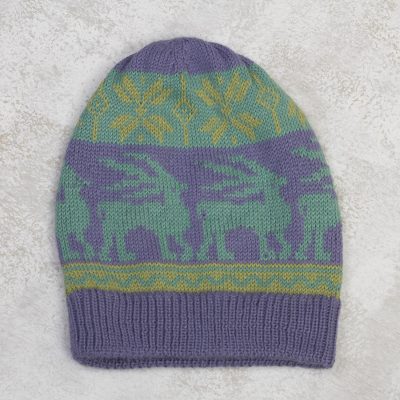 Alpaca blend hat, 'Inca Landscape' - Animal-Themed Knit Alpaca Blend Hat in Iris from Peru