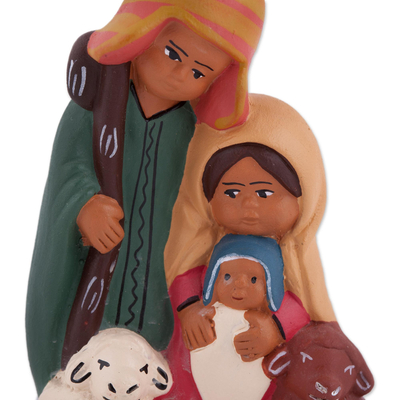 Keramische Krippenfigur, „Christliche Familie der Anden“. - Handbemalte Anden-Krippenskulptur aus Keramik aus Peru