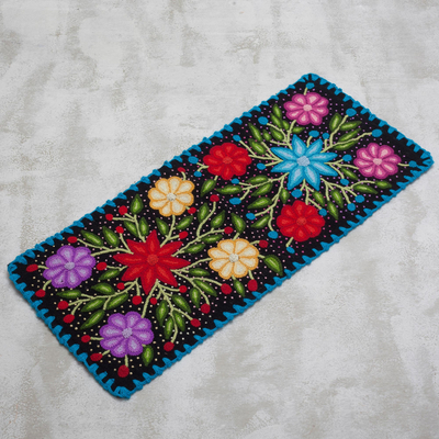 Wool table runner, 'Flower Palace' - Black and Multicolored Short Wool Table Runner