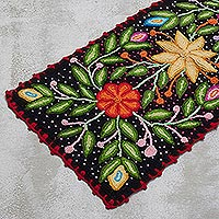 Black Floral Table Runner Crafted of Wool from Peru,'Enchanted Nature'