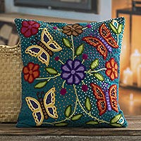 Embroidered Wool Cushion Cover with Butterfly Motifs,'Majestic Nature'