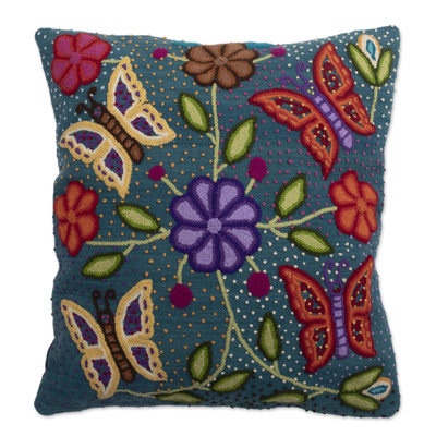Embroidered Wool Cushion Cover with Butterfly Motifs