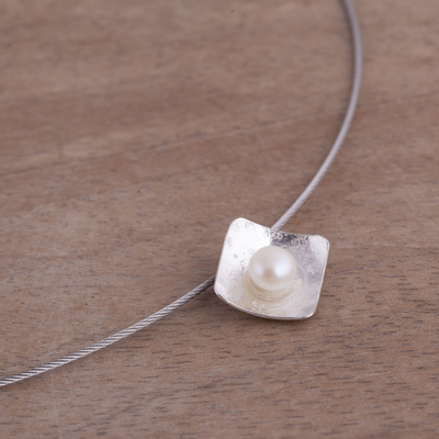Cultured pearl pendant necklace, 'Diamond Glow' - Cultured Pearl Diamond-Shaped Pendant Necklace from Peru