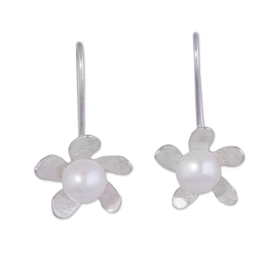 Cultured pearl drop earrings, 'Flower Glow' - Floral Cultured Pearl and Silver Drop Earrings from Peru