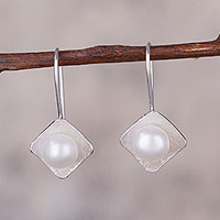 Cultured pearl drop earrings, 'Diamond Glow' - Diamond-Shaped Cultured Pearl Drop Earrings from Peru