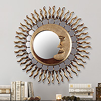 Sun and Moon Themed Bronze Leaf Wood Wall Mirror,'Cuzco Eclipse'