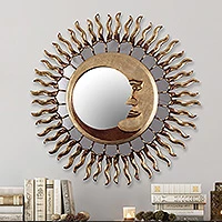 Wood wall mirror, 'Cuzco Eclipse' - Sun and Moon Themed Bronze Leaf Wood Wall Mirror