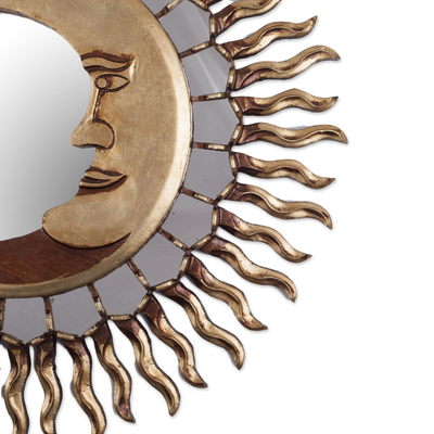 Wood wall mirror, 'Cuzco Eclipse' - Sun and Moon Themed Bronze Leaf Wood Wall Mirror