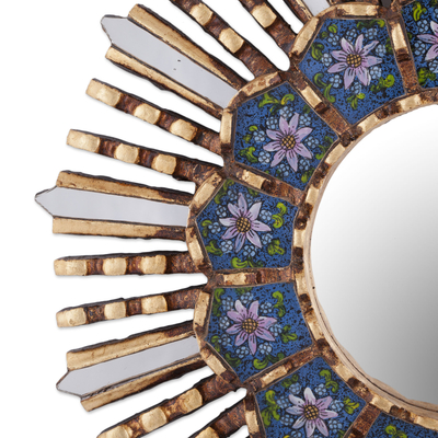 Espejo de pared de madera y cristal pintado al revés - Espejo de pared de madera y vidrio pintado al revés floral