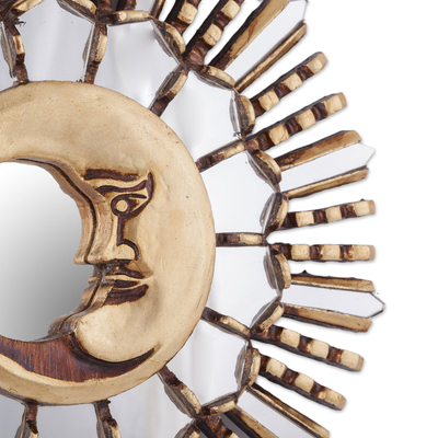 Espejo de pared de madera - Espejo de pared de madera con motivo de luna y hoja de bronce