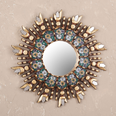Wood and reverse painted glass wall mirror, 'Colonial Emerald' - Round Wall Mirror with Reverse Painted Glass Accents
