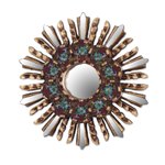 Wood and reverse painted glass wall mirror, 'Cuzco Garden' - Small Round Reverse Painted Glass and Wood Mirror