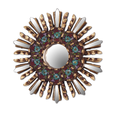Wood and reverse painted glass wall mirror, 'Cuzco Garden' - Small Round Reverse Painted Glass and Wood Mirror