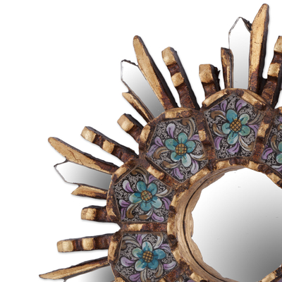 Wood and reverse painted glass wall mirror, 'Cuzco Meadow' - Round Wall Mirror with Floral Reverse Painted Glass