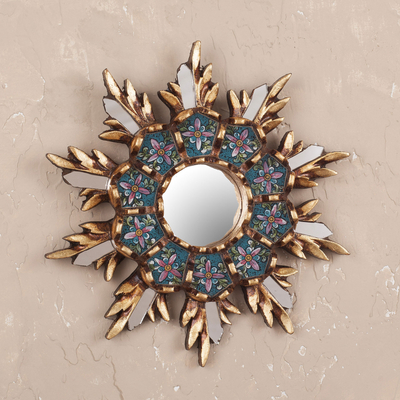 Wood and reverse painted glass wall mirror, 'Cuzco Snowflake' - Colonial Style Reverse Painted Glass Wall Mirror