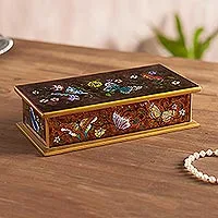 Reverse painted glass decorative box, 'Butterfly Jubilee in Sepia'