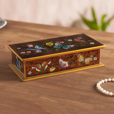 Reverse painted glass decorative box, 'Butterfly Jubilee in Sepia' - Reverse Painted Glass Butterfly Decorative Box in Sepia