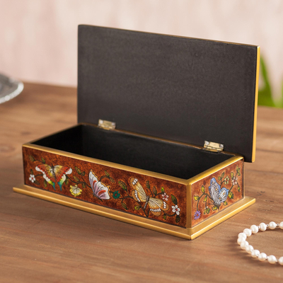 Reverse painted glass decorative box, 'Butterfly Jubilee in Sepia' - Reverse Painted Glass Butterfly Decorative Box in Sepia