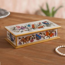 Reverse Painted Glass Butterfly Decorative Box in Off White, “Butterfly Jubilee in Antique”