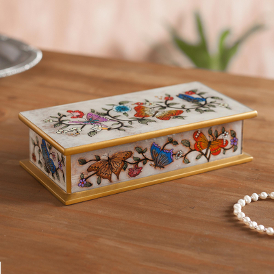 Reverse painted glass decorative box, Butterfly Jubilee in Bone