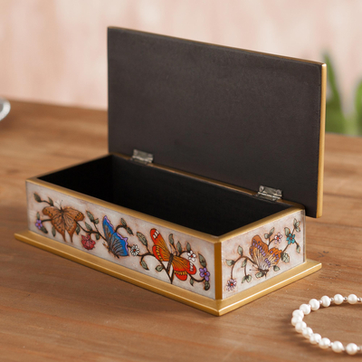 Reverse painted glass decorative box, 'Butterfly Jubilee in Bone' - Reverse Painted Glass Butterfly Decorative Box in Bone
