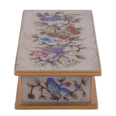 Caja decorativa de vidrio pintado al revés, 'Antique Butterfly Jubilee' - Caja decorativa mariposa de cristal pintado al revés en blanco roto