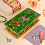 Reverse painted glass decorative box, 'Butterfly Jubilee in Emerald' - Reverse Painted Glass Butterfly Decorative Box in Emerald