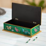 Reverse painted glass decorative box, 'Butterfly Jubilee in Emerald' - Reverse Painted Glass Butterfly Decorative Box in Emerald