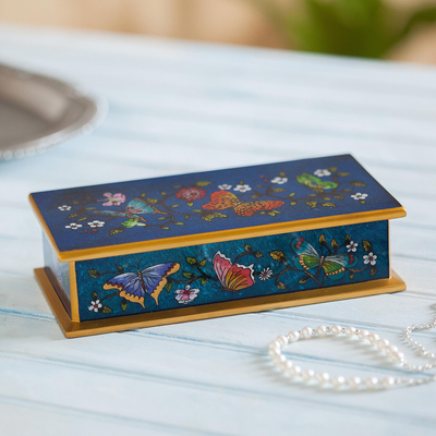 Reverse painted glass decorative box, Butterfly Jubilee in Cyan