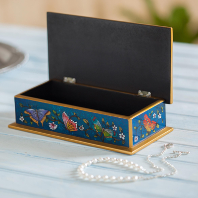 Reverse painted glass decorative box, 'Butterfly Jubilee in Cyan' - Reverse Painted Glass Butterfly Decorative Box in Cyan