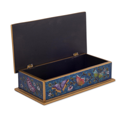 Caja decorativa de vidrio pintado al revés - Caja Decorativa Mariposa de Cristal Pintado Reverso en Cian