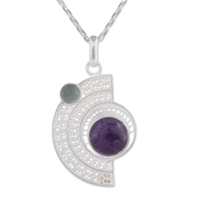 Amethyst and fluorite filigree pendant necklace, 'Stellar Harmony' - Amethyst and Fluorite Filigree Pendant Necklace from Peru