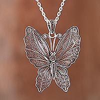 Sterling silver filigree pendant necklace, 'Nocturnal Butterfly'