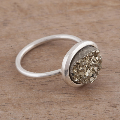 Pyrite cocktail ring, 'Rocky Hillside' - Oval Natural Pyrite and Silver Cocktail Ring from Peru