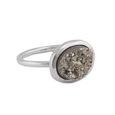 Pyrite cocktail ring, 'Rocky Hillside' - Oval Natural Pyrite and Silver Cocktail Ring from Peru