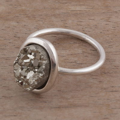 Pyrite cocktail ring, 'Rocky Plateau' - Oval Pyrite and Sterling Silver Cocktail Ring from Peru