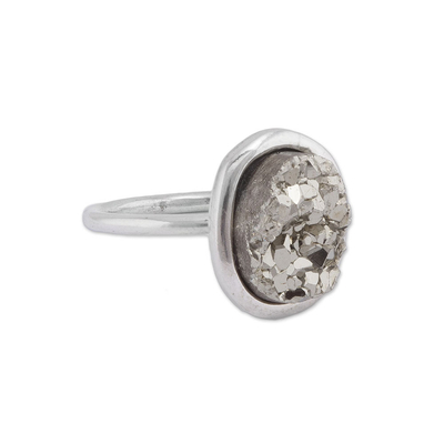 Pyrite cocktail ring, 'Rocky Plateau' - Oval Pyrite and Sterling Silver Cocktail Ring from Peru