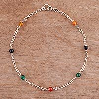 Agate anklet, 'Leisurely Walk' - Multicolored Agate and Sterling Silver Anklet from Peru