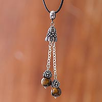 Tiger's eye pendant necklace, 'Berry Pendulums' - Tiger's Eye and Sterling Silver Pendant Necklace from Peru