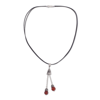 Agate pendant necklace, 'Berry Pendulums' - Agate and Silver Pendant Necklace on Cotton Cord from Peru
