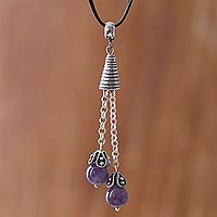 Amethyst pendant necklace, 'Floral Pendulums' - Natural Amethyst Pendant Necklace on Cotton Cord from Peru