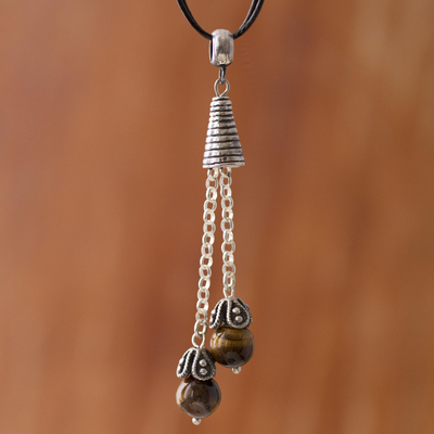 Tiger's eye pendant necklace, 'Floral Pendulums' - Tiger's Eye Pendant Necklace on Cotton Cord from Peru
