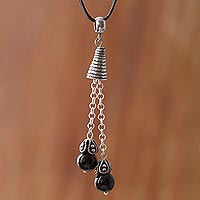 Obsidian pendant necklace, 'Floral Pendulums' - Obsidian Gemstone Pendant Necklace on Cotton Cord from Peru