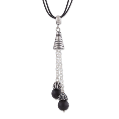 Obsidian Gemstone Pendant Necklace on Cotton Cord from Peru