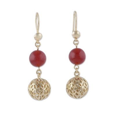 Gold plated agate dangle earrings, 'Celebratory Globes' - 18k Gold Plated Agate Dangle Earrings from Peru