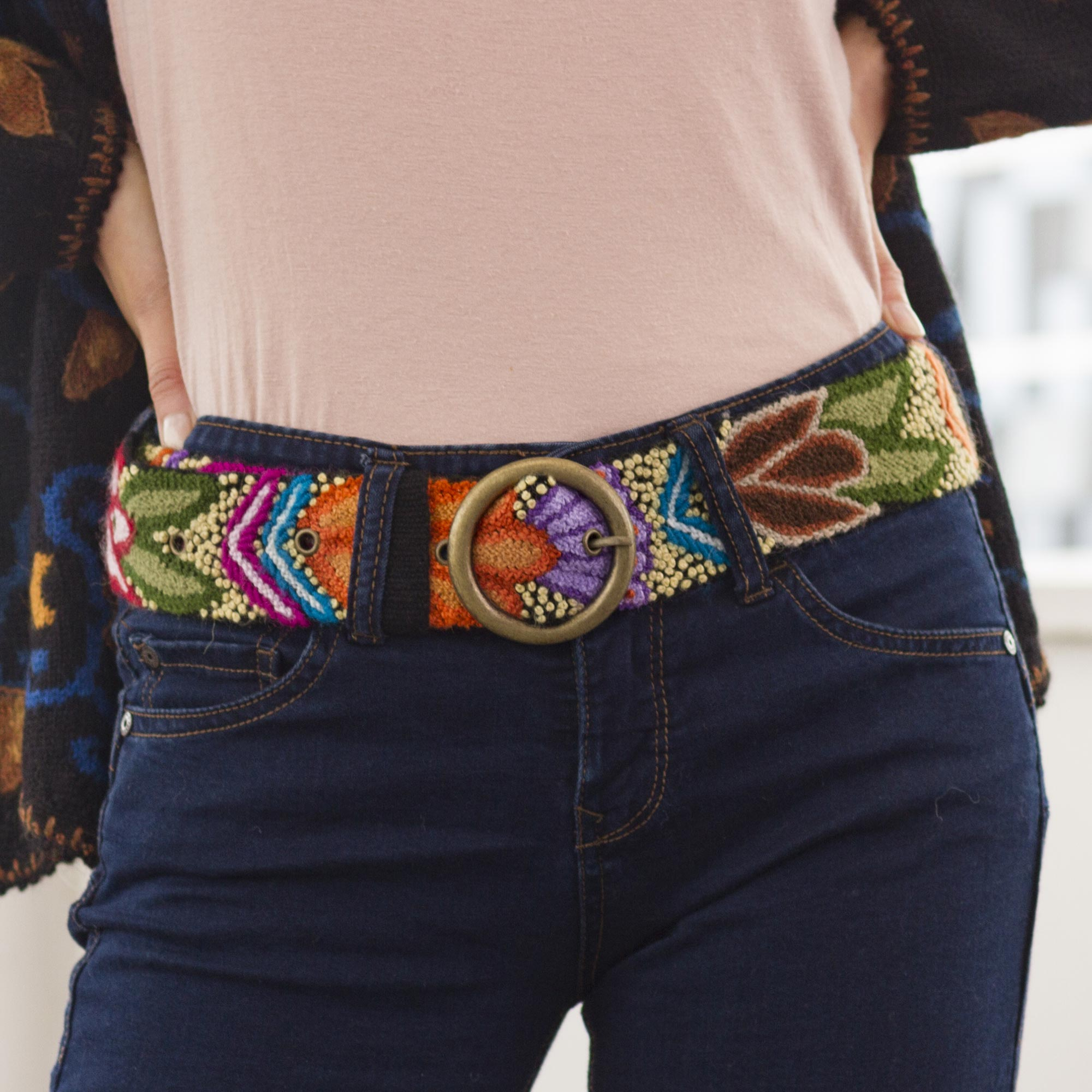 Handmade in the Andes size Medium Embroidered Wool Peruvian Floral Belt 100% Wool with Metal Buckle